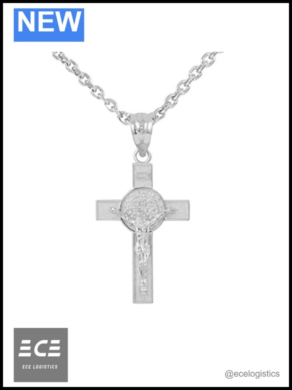 Solid 925 Sterling Silver St. Benedict Crucifix Cross Pendant Necklace 1.30 Inch
